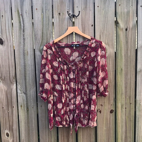 Willi Smith Tops - Willi Smith - Maroon Sheer Floral Boho Blouse - M